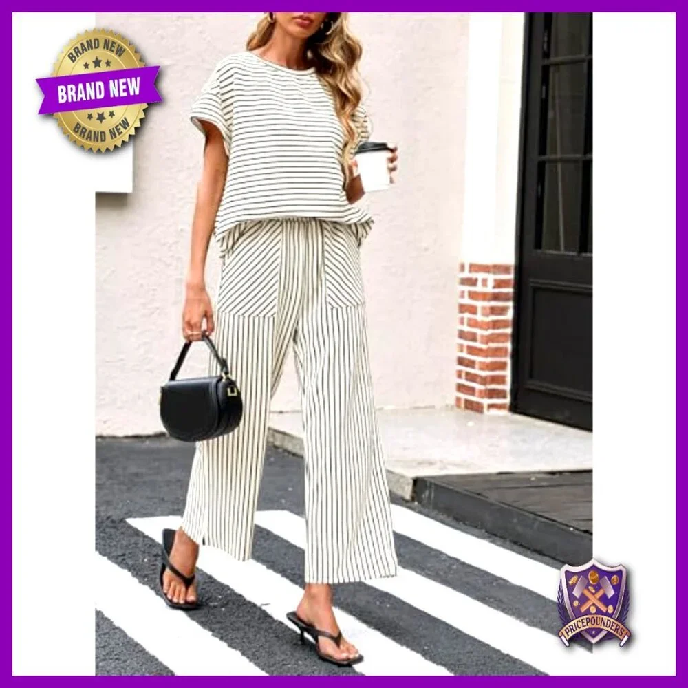 Striped Two Piece Lounge Set Short Sleeve Top Wide Leg Pants Oversized Chic